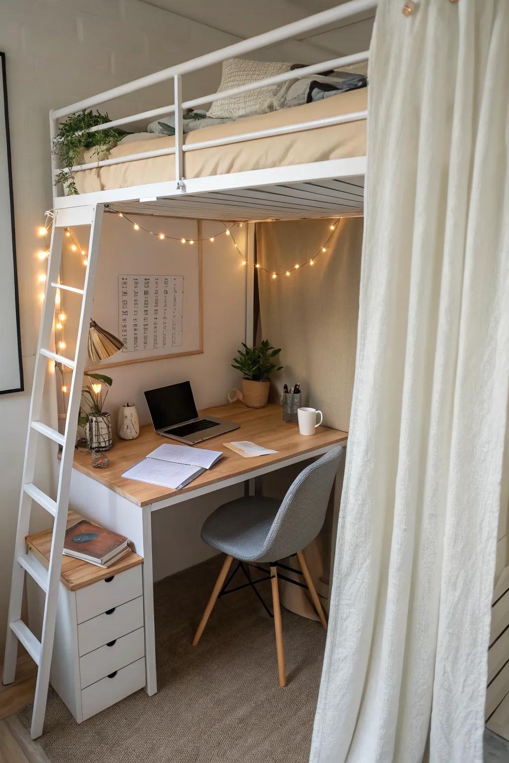 Turn your loft-bed desk into a warm, curtain-framed study cave with soft string lights.