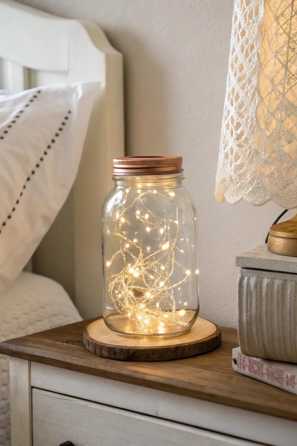 A jar of fireflies: warm micro lights in glass for instant cozy dorm nightstand glow.