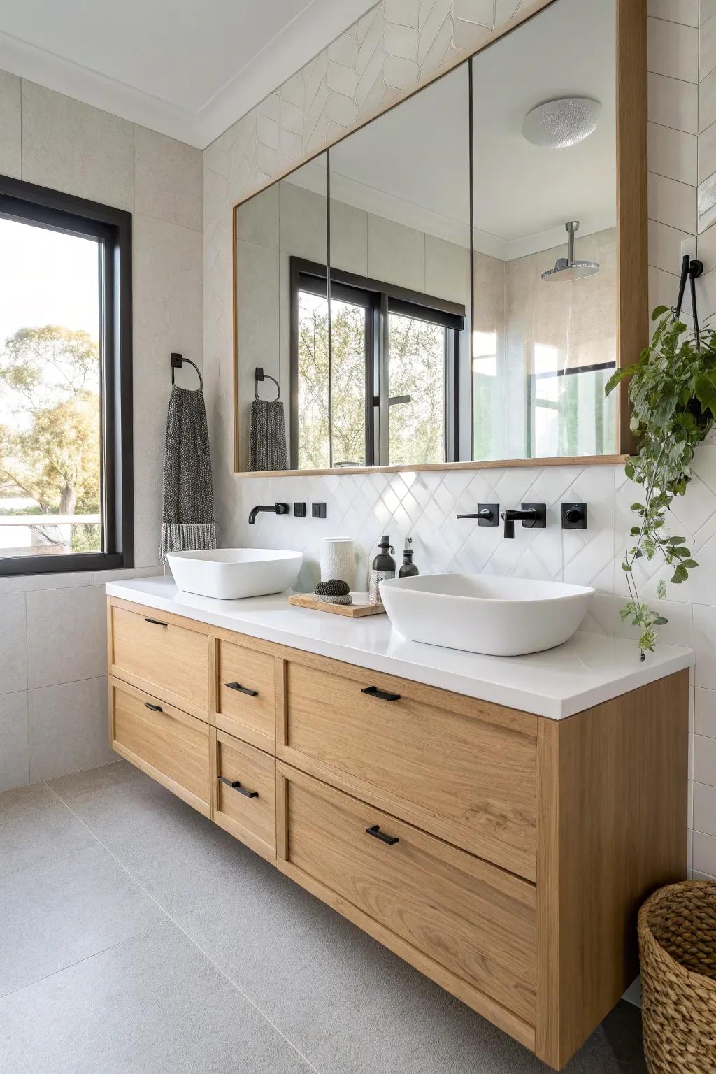 Split-level double vanity: sink height plus a lower “getting ready” counter—luxury for small baths.