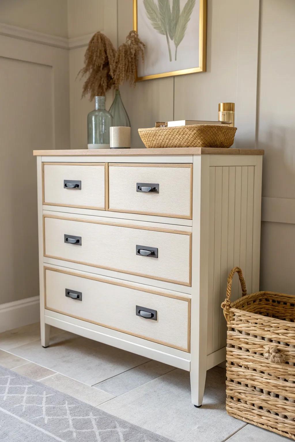 Faux inlay pinstripes add a luxe, tailored look to any budget dresser—clean, chic, and simple.