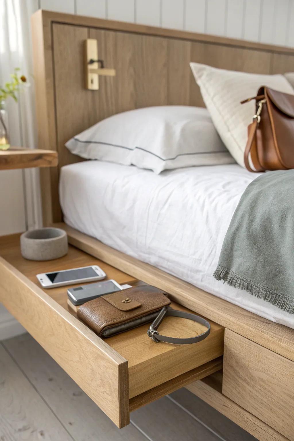 A tiny E-track rail beside the bed keeps phone essentials clipped and beautifully within reach.