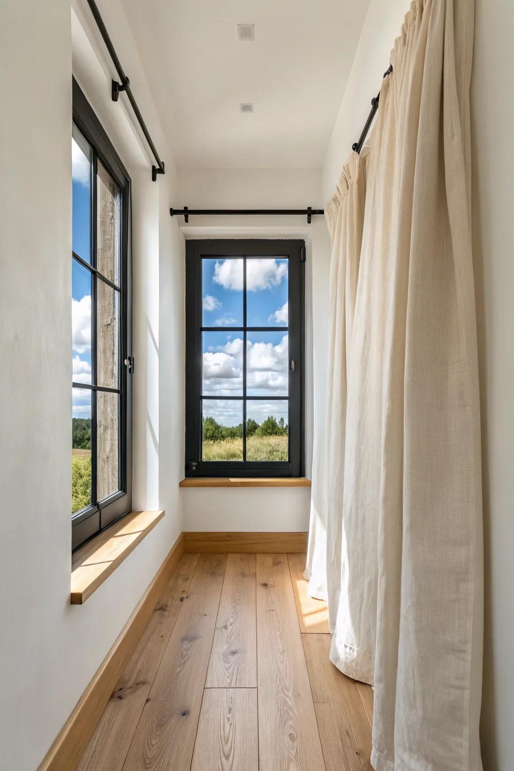 Open up a windowless hallway with a faux window print framed in black and airy linen curtains.