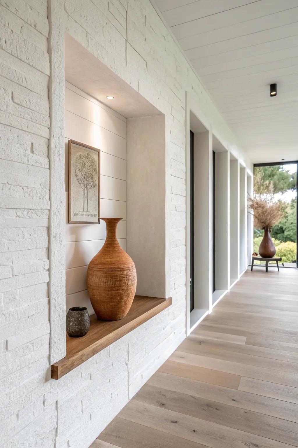 Turn your hallway into a micro gallery niche with one handcrafted ceramic piece and dramatic contrast.