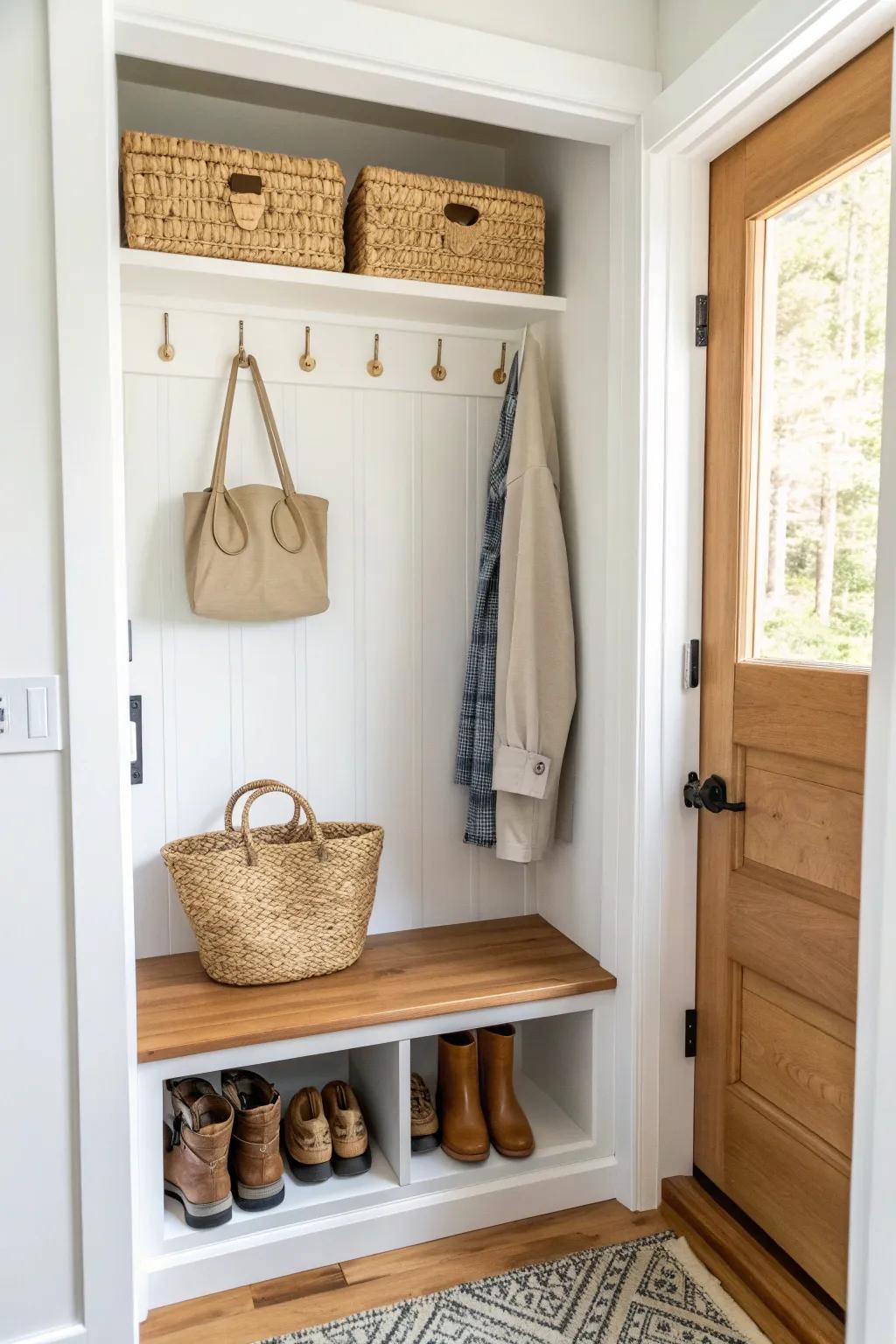 A closet-turned mini mudroom: oak hooks, a shelf, and a tidy shoe zone—mess gone in seconds.