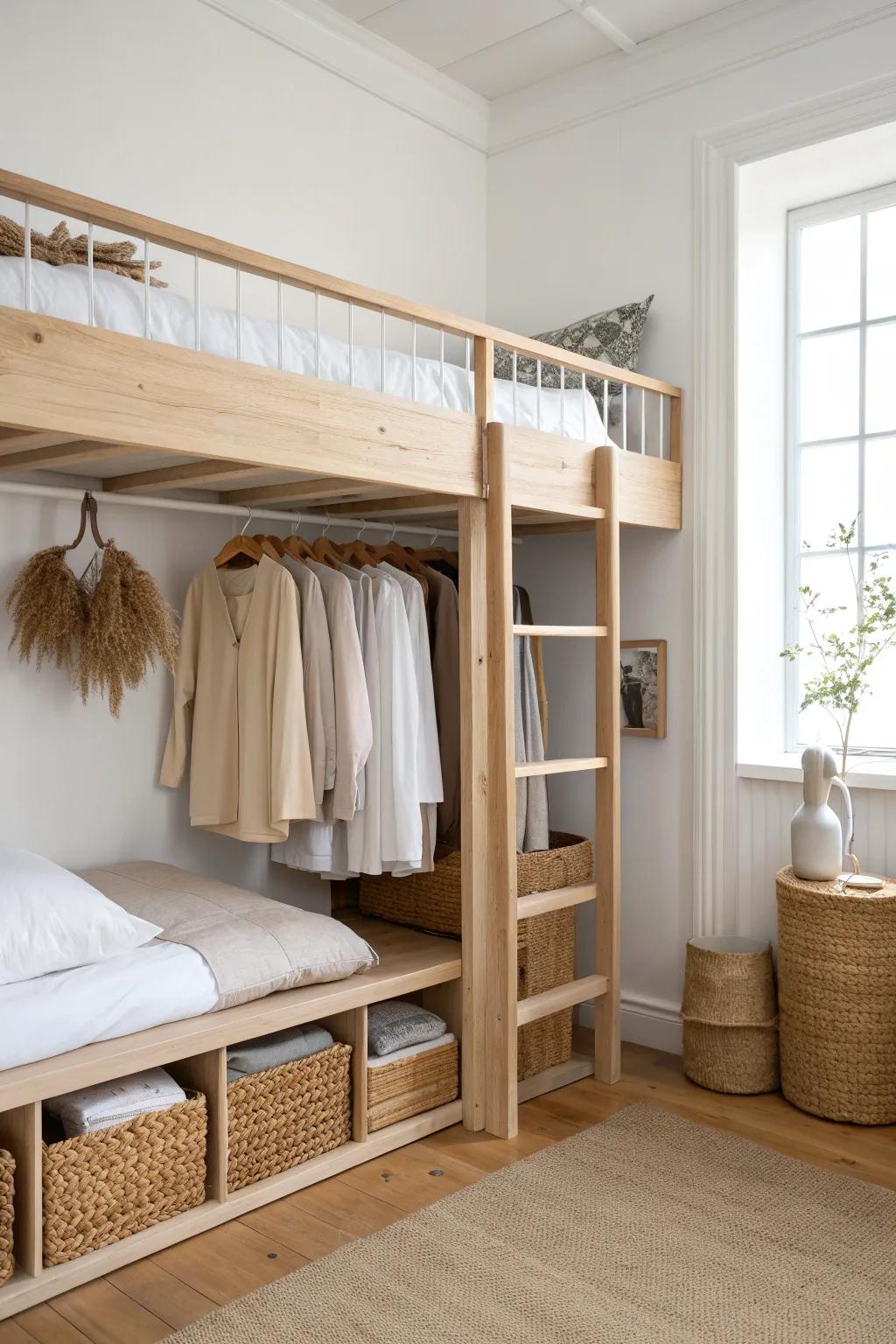 Loft-bed closet magic: matching hangers, woven bins, and calm neutrals for tiny rooms.
