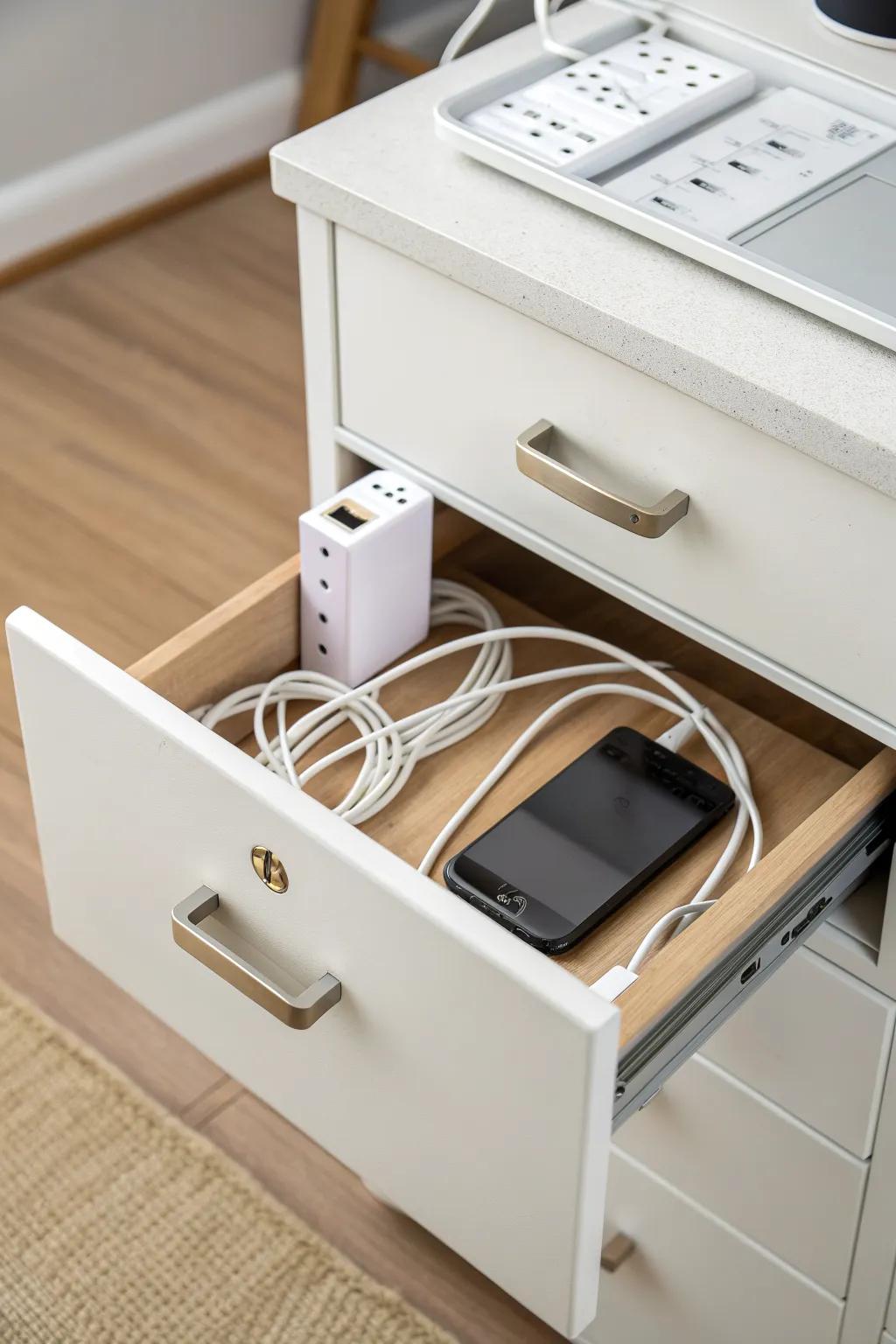 Turn a file cabinet drawer into a hidden charging station for a calmer, cable-free space.