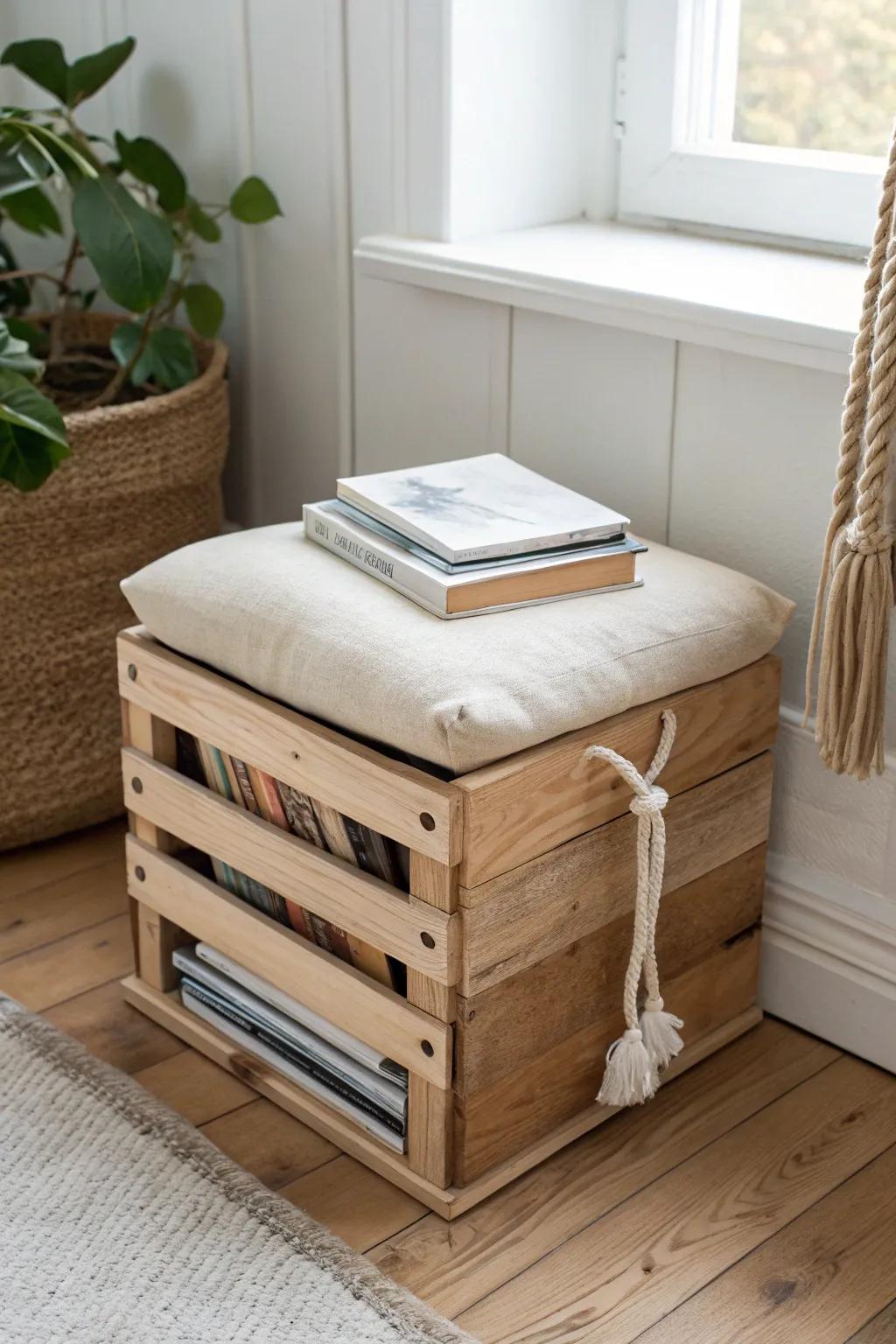 Stackable crate cube seat: cozy cushion on top, hidden storage inside—perfect for tiny rooms.