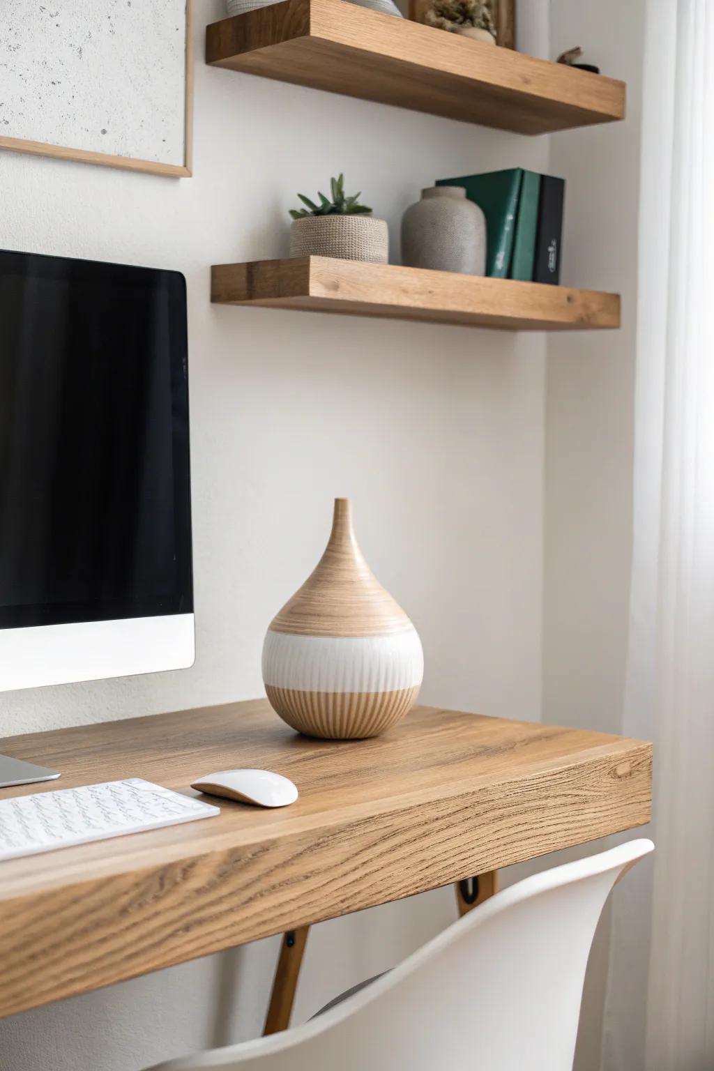 A tiny diffuser on a floating shelf keeps the desk clear—instant cozy nook vibes.