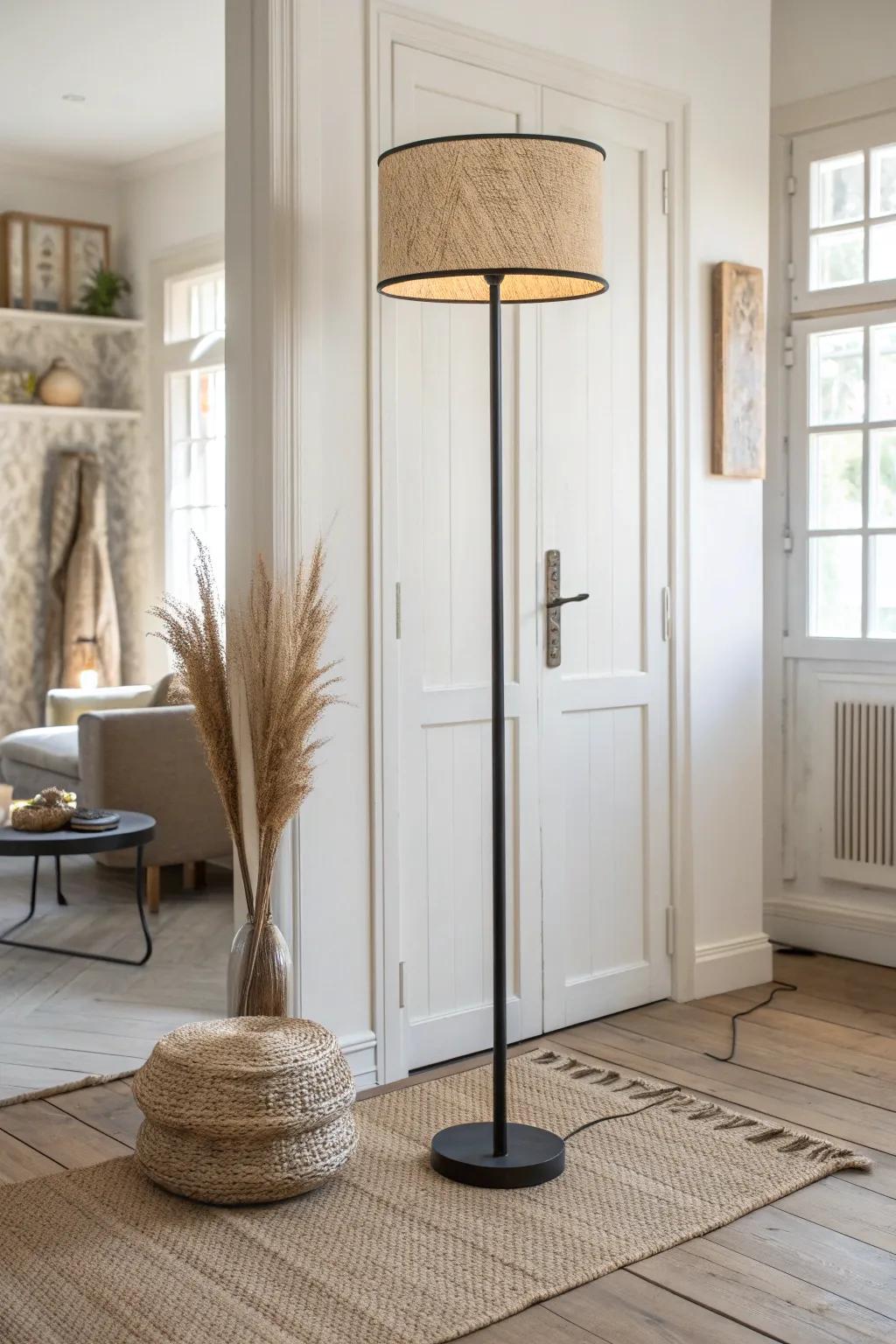 A floor lamp at the rug’s edge creates a soft divider—zones, warmth, and light in one.