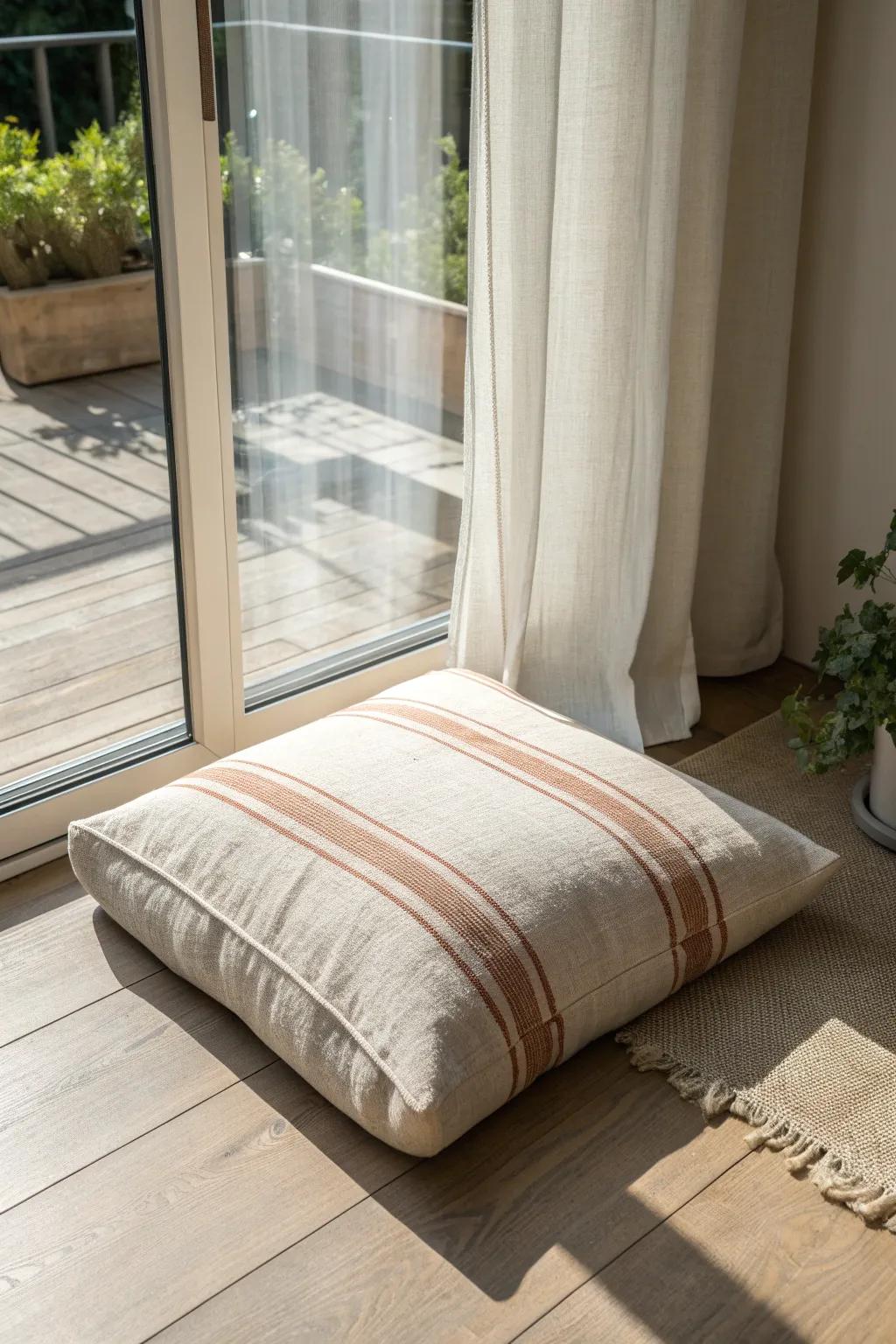 A durable floor cushion by the balcony door—effortless indoor-outdoor lounging for small spaces.