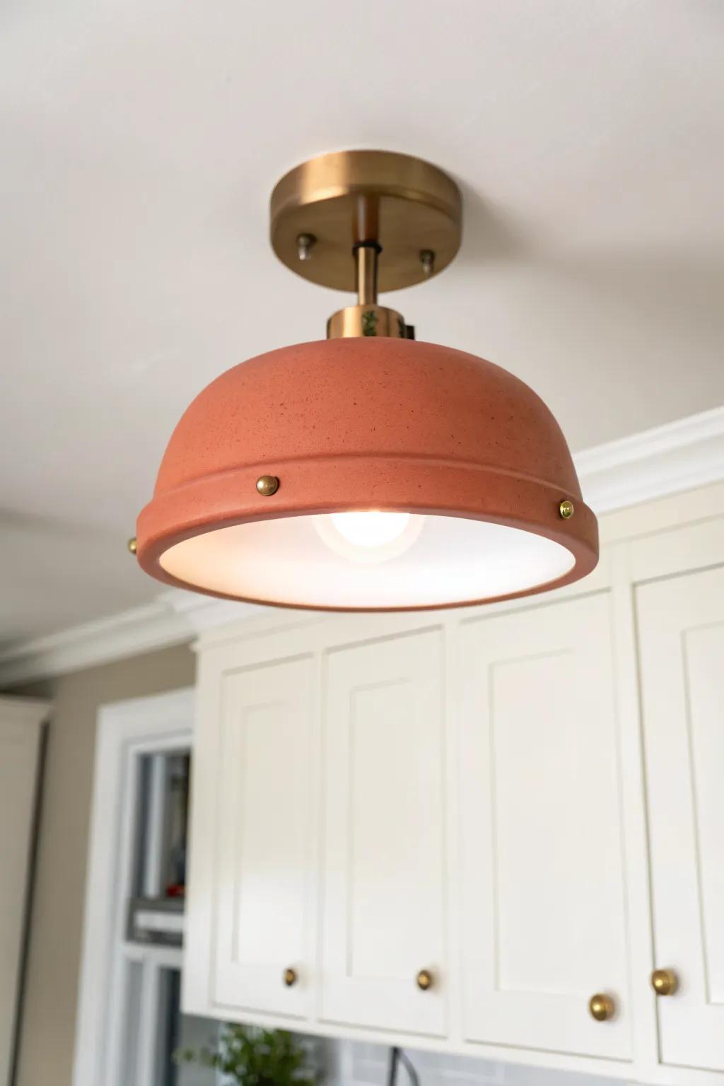 Terracotta flush mount adds bold personality to a tiny neutral kitchen—no counter space needed.