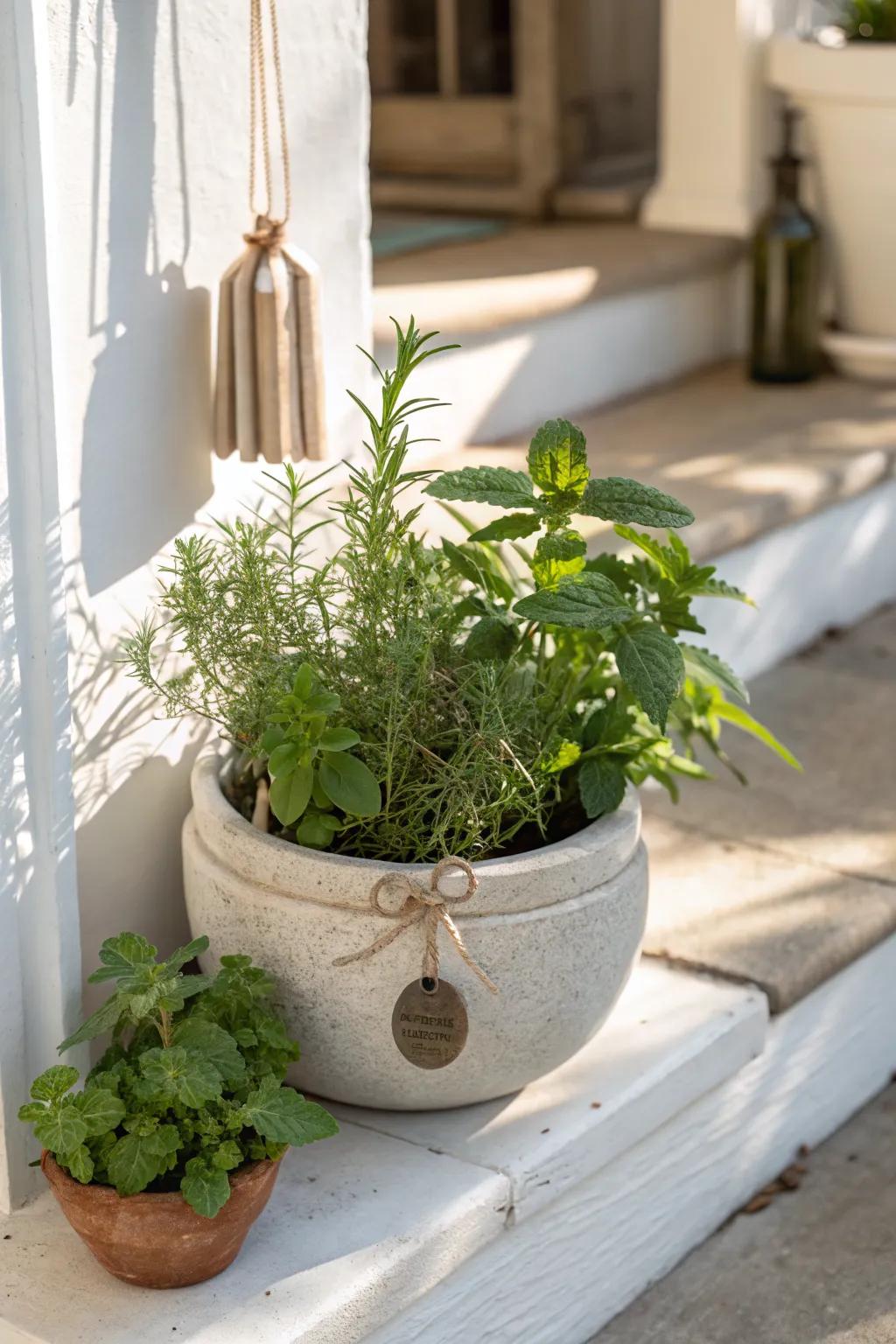 A single herb pot by the steps brings scent and calm—add a soft wind chime for magic.
