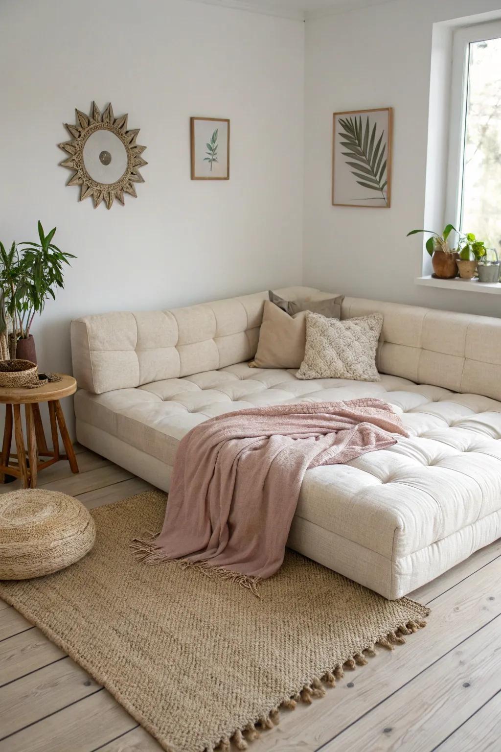Create a cozy conversation pit in a tiny living room with an L-shaped futon setup.