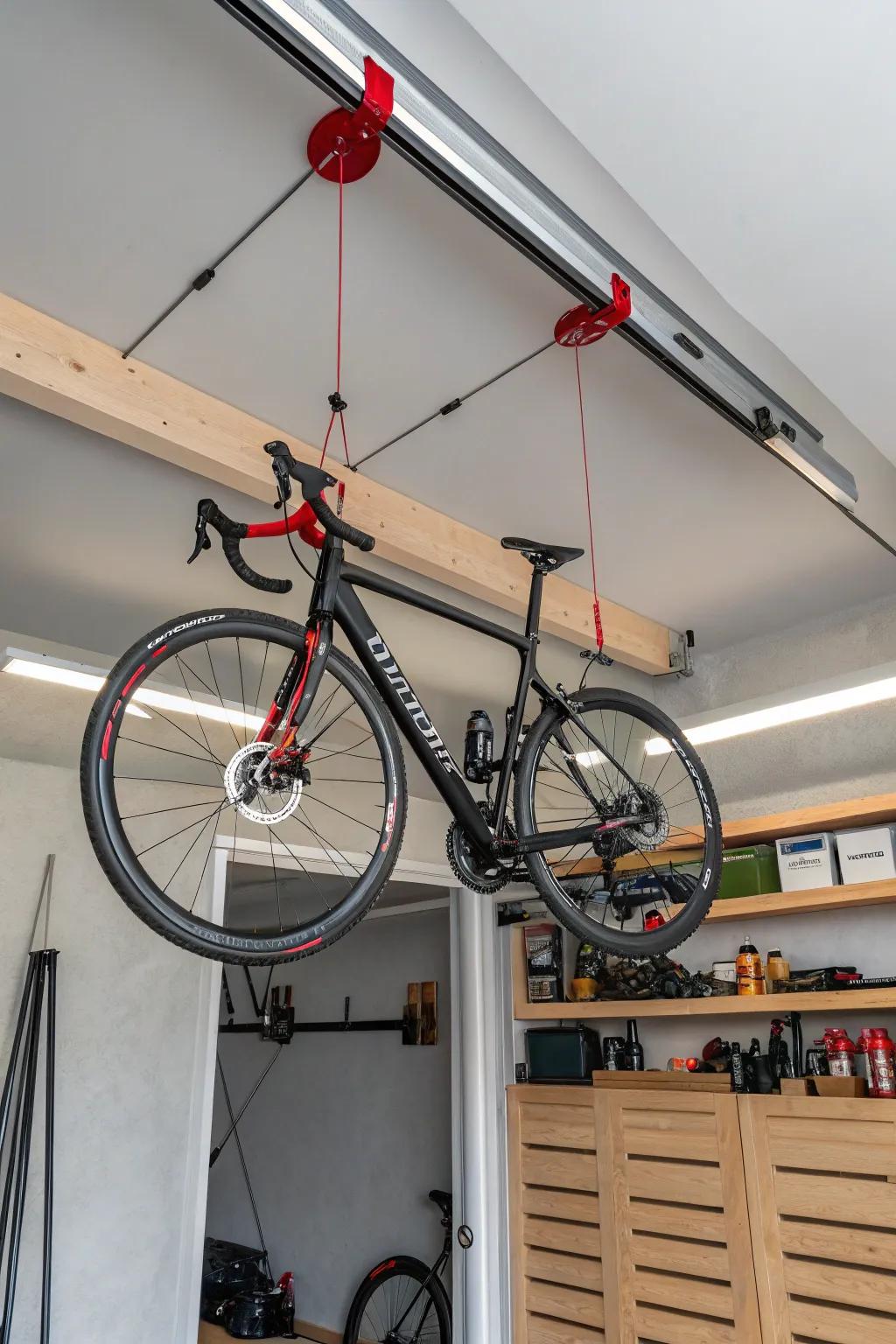 Elevate your garage game with this sleek bike hoist system, where innovation meets craftsmanship.