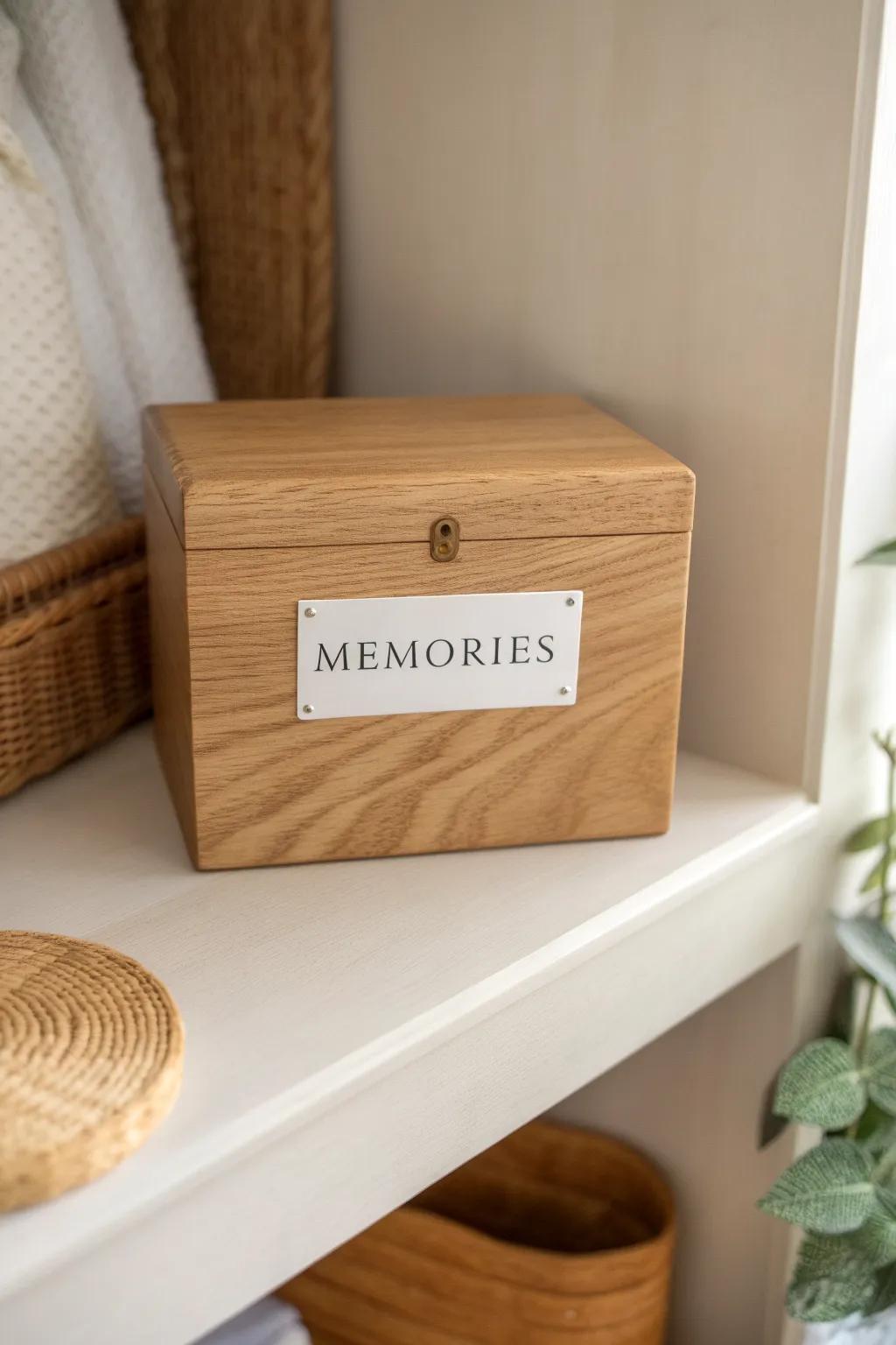 A labeled memory box keeps sentimental treasures tidy—pretty, calm, and easy to find.