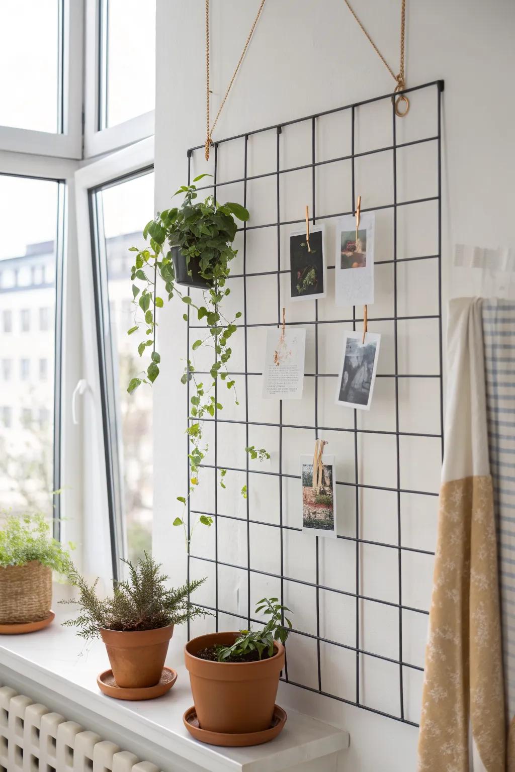 Ceiling-hung grid display: a floating vertical layer for plants and decor—no floor space needed.