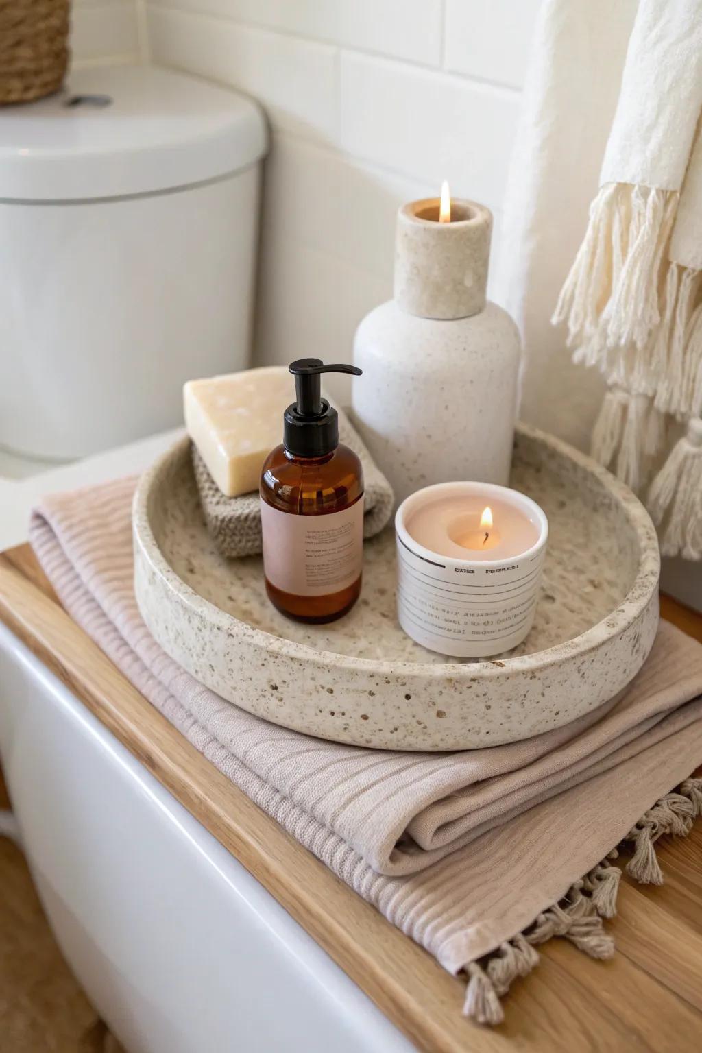 A tiny tray on the toilet tank adds instant guest-ready style—simple, cozy, budget-friendly.