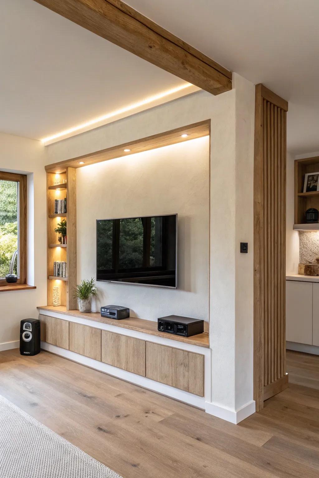 A clever half wall with a two-sided media nook—screen-ready in the living room, sleek in the kitchen.