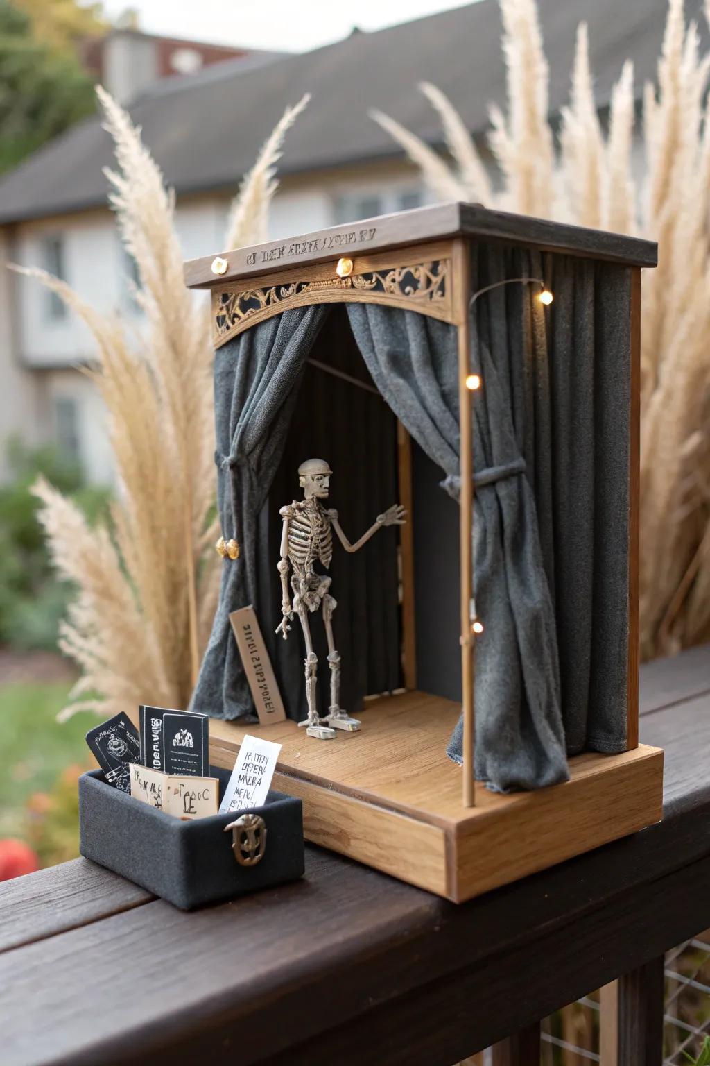 Handcrafted skeleton theater on a tiny balcony—minimal, warm-toned, and irresistibly spooky.