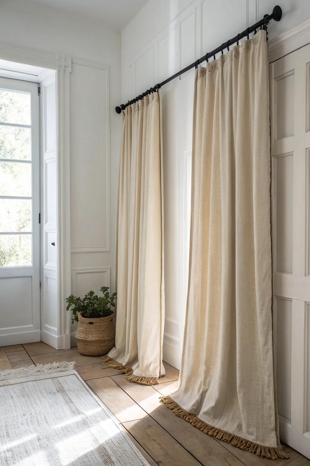 Linen curtain panels replace a closet door—soft, cozy, and perfect for tight hallways.