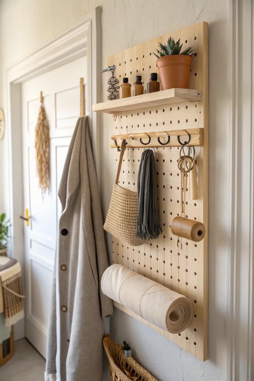 Pegboard magic: turn a narrow hallway closet wall into extra, clutter-free storage.