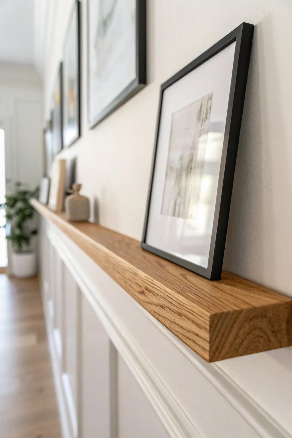 Swap-ready floating picture ledge—refresh your hallway gallery wall without extra holes.