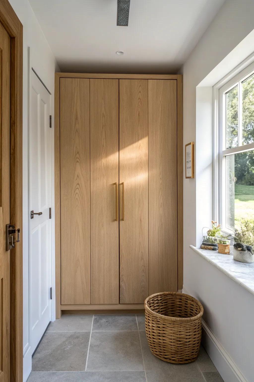 A built-in look that hides the laundry—sleek cabinet doors for a luxe small hallway.