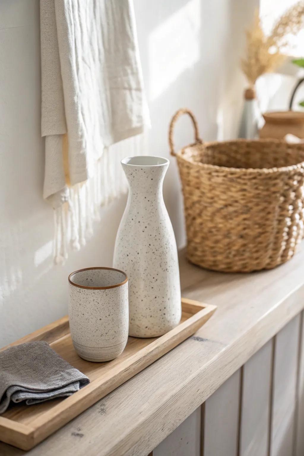 Hallway hydration nook: handcrafted ceramic carafe on a slim shelf—small space, big routine.