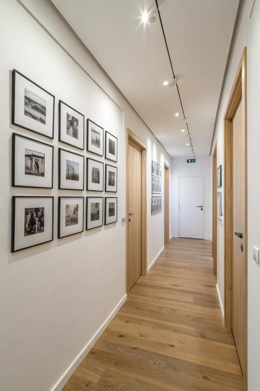 A slim ceiling-line photo strip lifts a narrow hallway—minimal, airy, quietly magical.