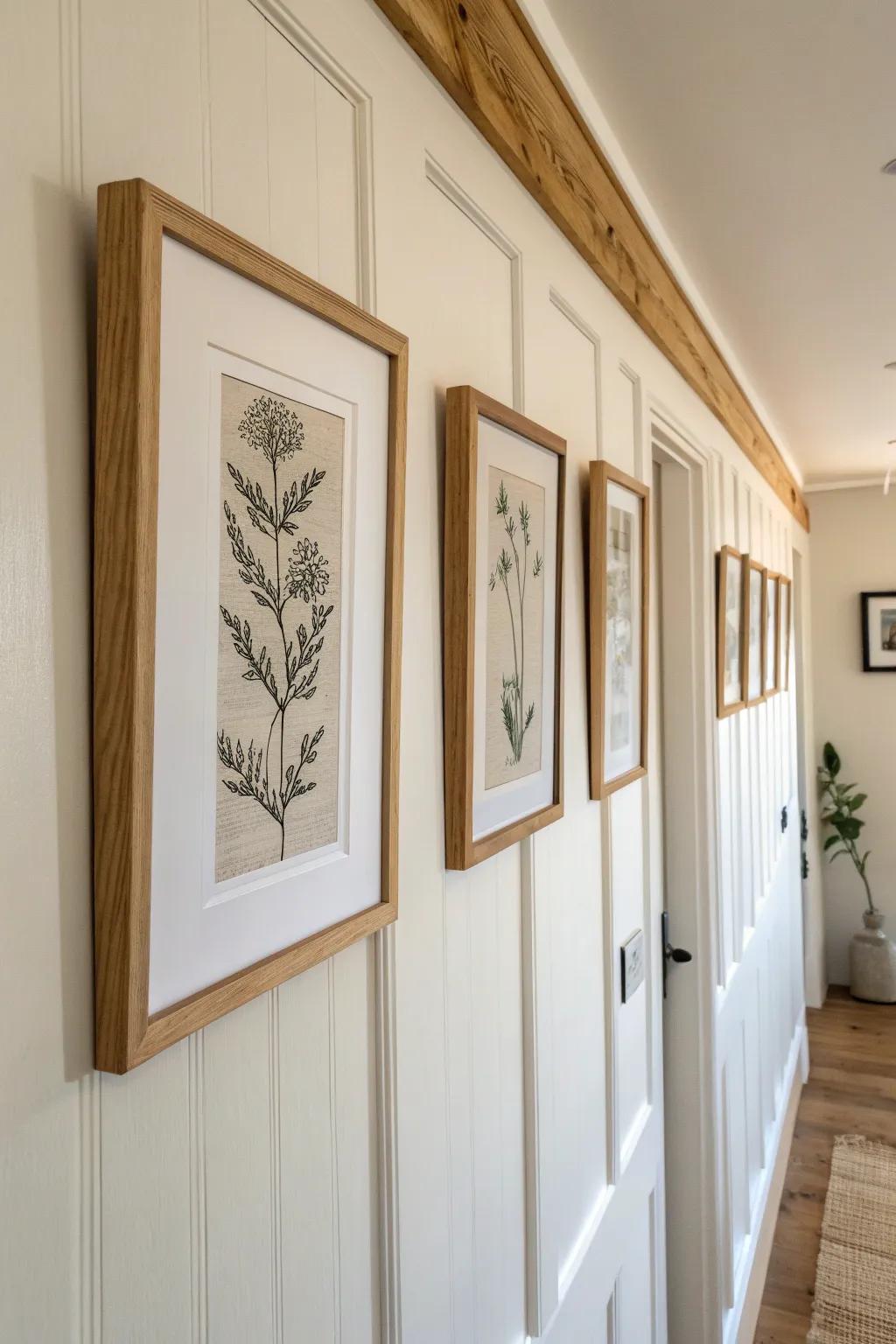 A ceiling-height row of mini frames draws the eye up, making a narrow hallway feel taller and airy.