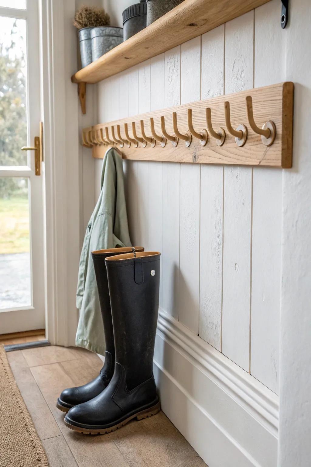 A wall-mounted boot drying rail keeps rainy-day boots tidy, drip-dry, and off the floor.