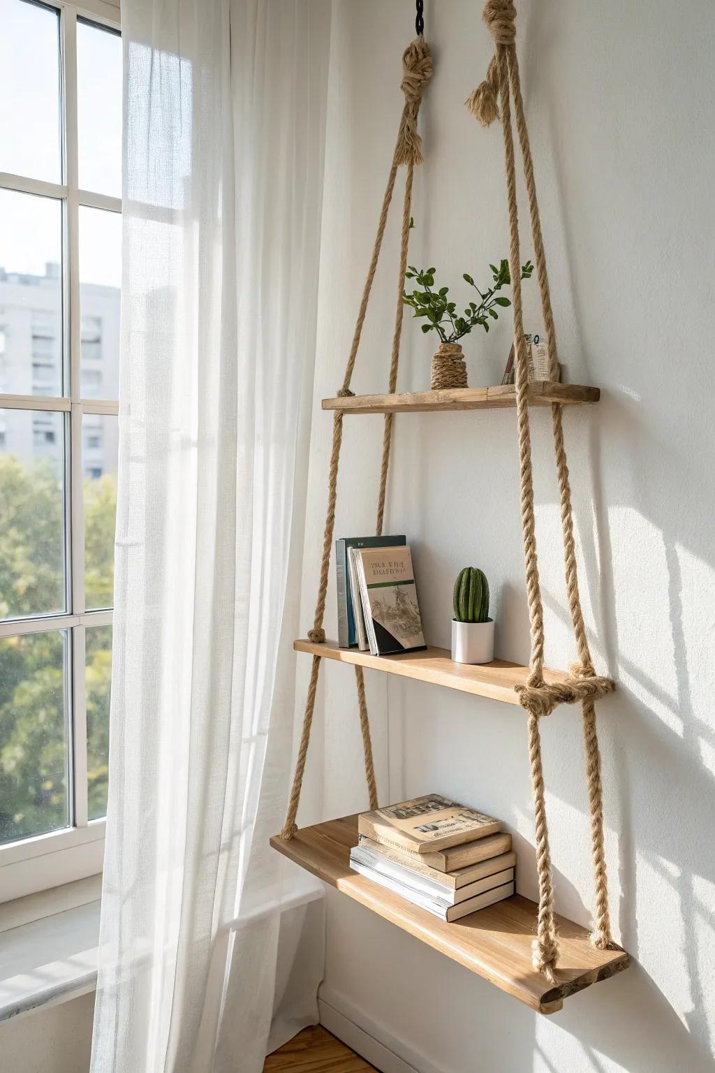 Sunlit hanging shelf by the window—bright, airy storage that makes books feel like decor.