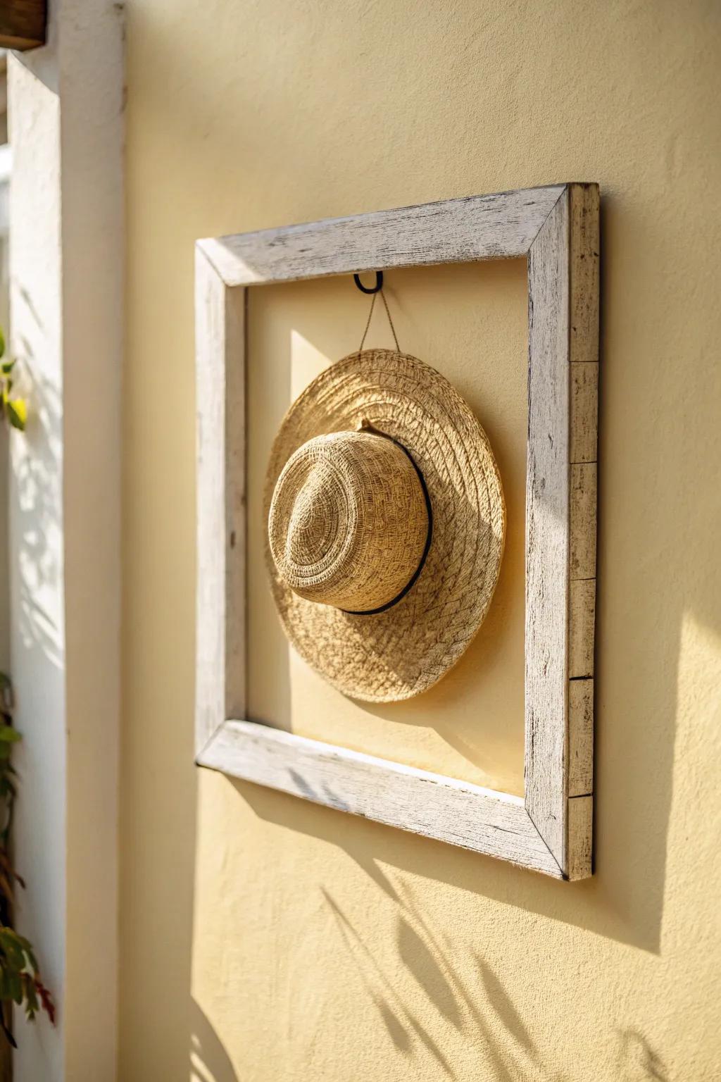 A framed hat “gallery square” turns one straw hat into wall art—perfect for small entryways.