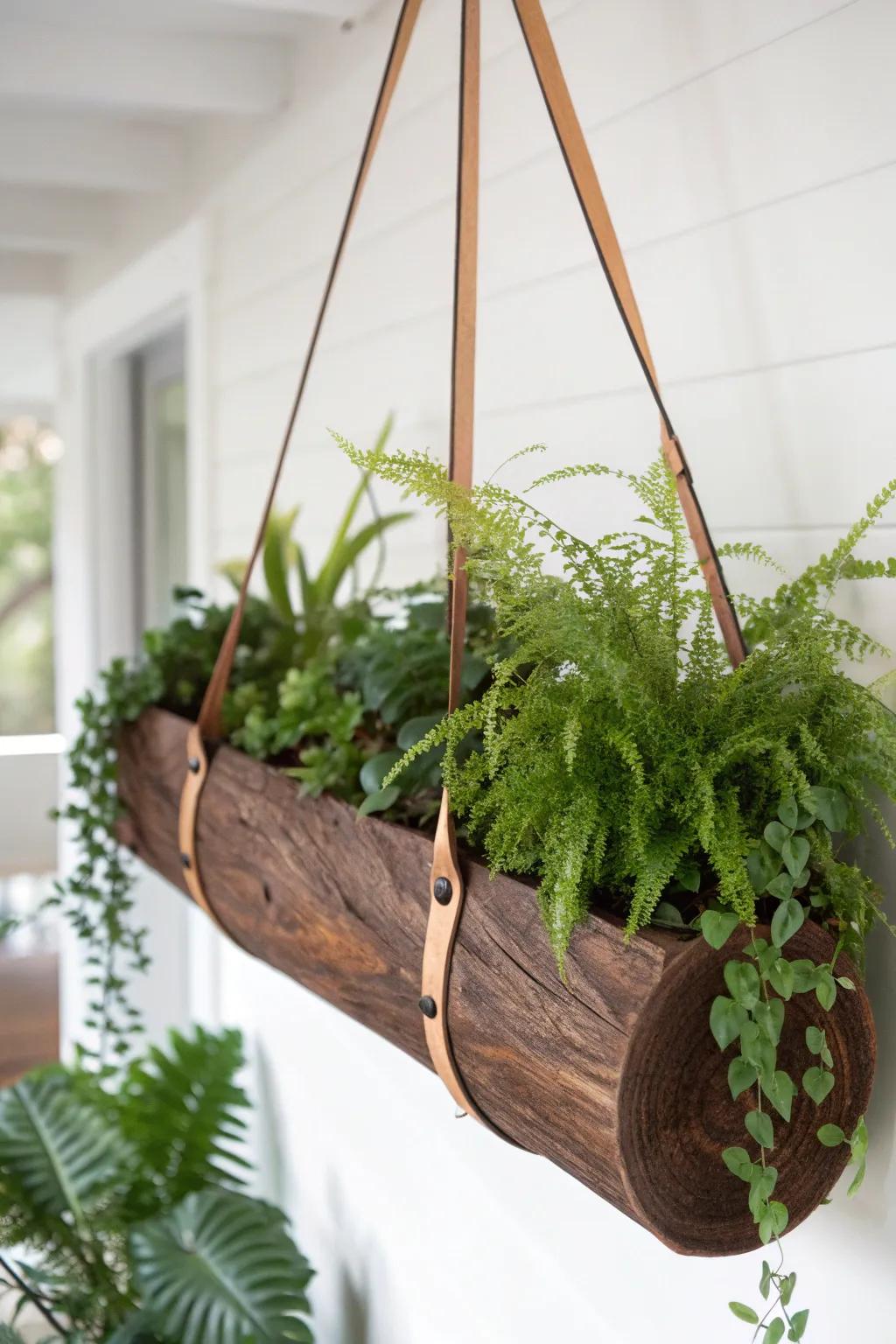 A suspended log trough turns vertical space into a lush, floating forest canopy.