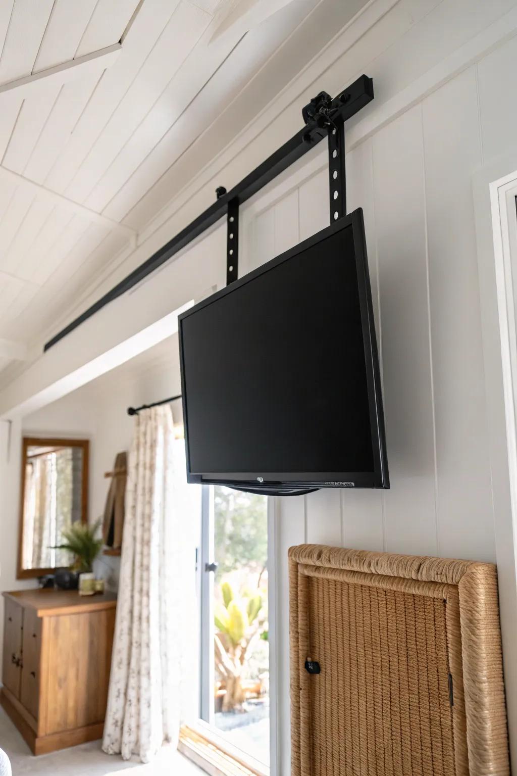 A ceiling-suspended TV that swings from a closet nook—minimal, hidden, and cozy.