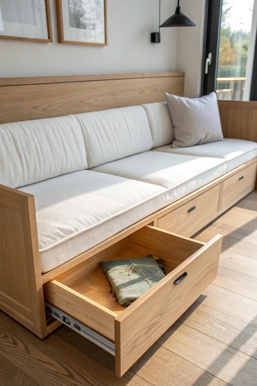 A dining banquette that hides a pull-out guest bed—minimal, cozy, and made for small spaces.