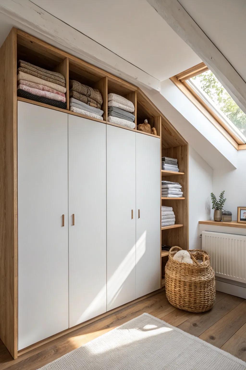 A ceiling-high drop-down cabinet hides seasonal items in plain sight—perfect for small bedrooms.