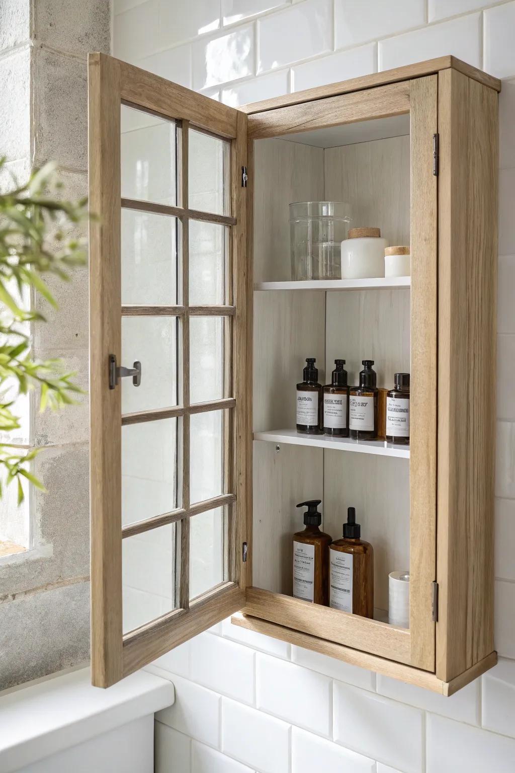 A faux window frame that swings open—secret shelves for a chic, clutter-free bathroom.