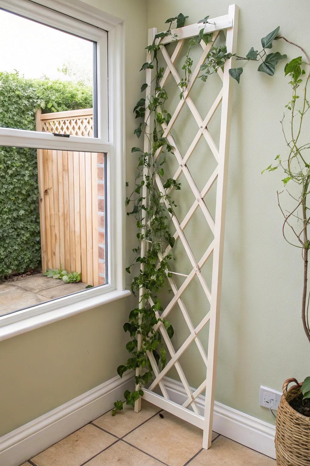 A trellis “green screen” with trailing plants softly hides utility clutter—minimal, airy, pretty.