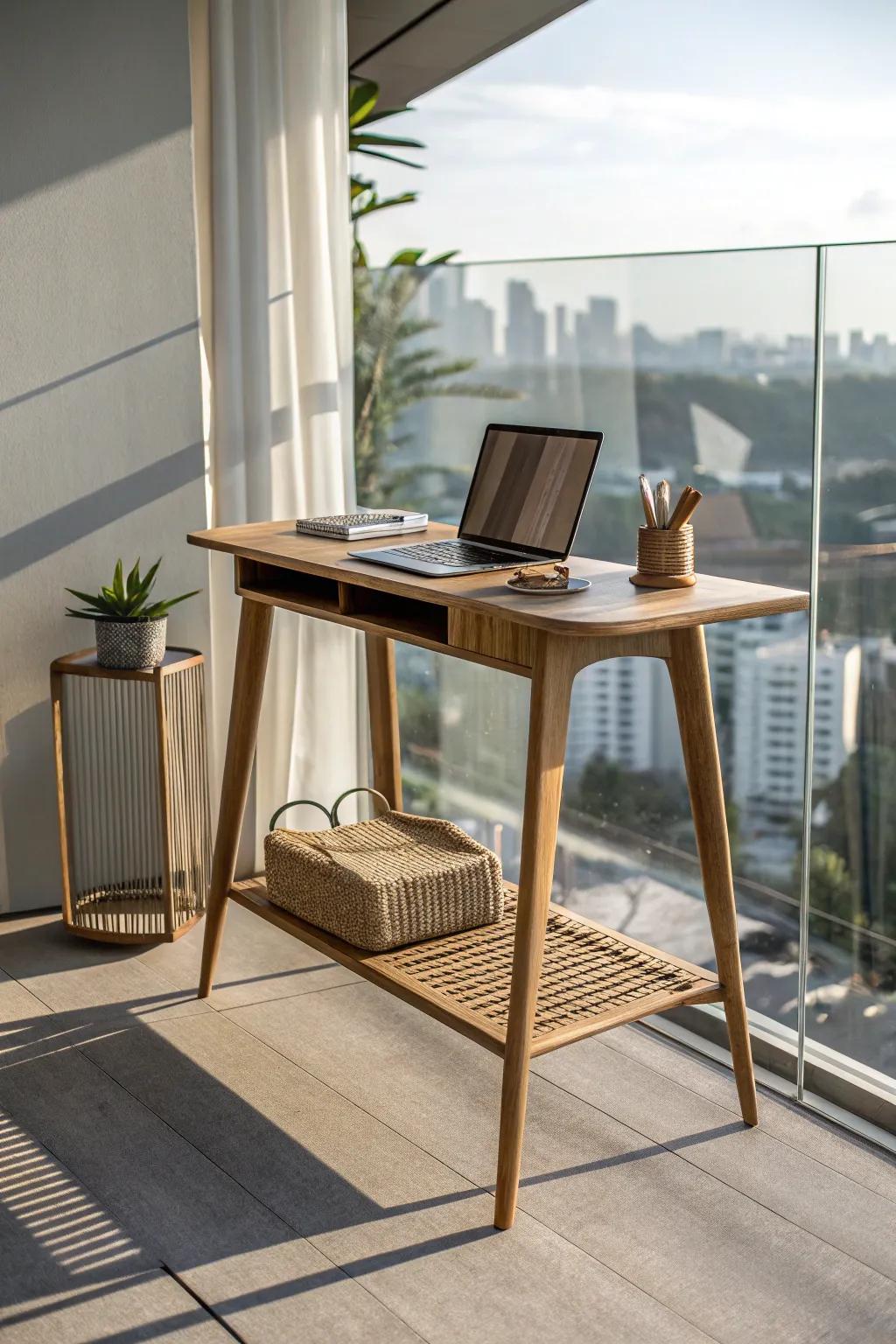 A slim balcony desk turns your high-rise into a calm, minimalist outdoor office.