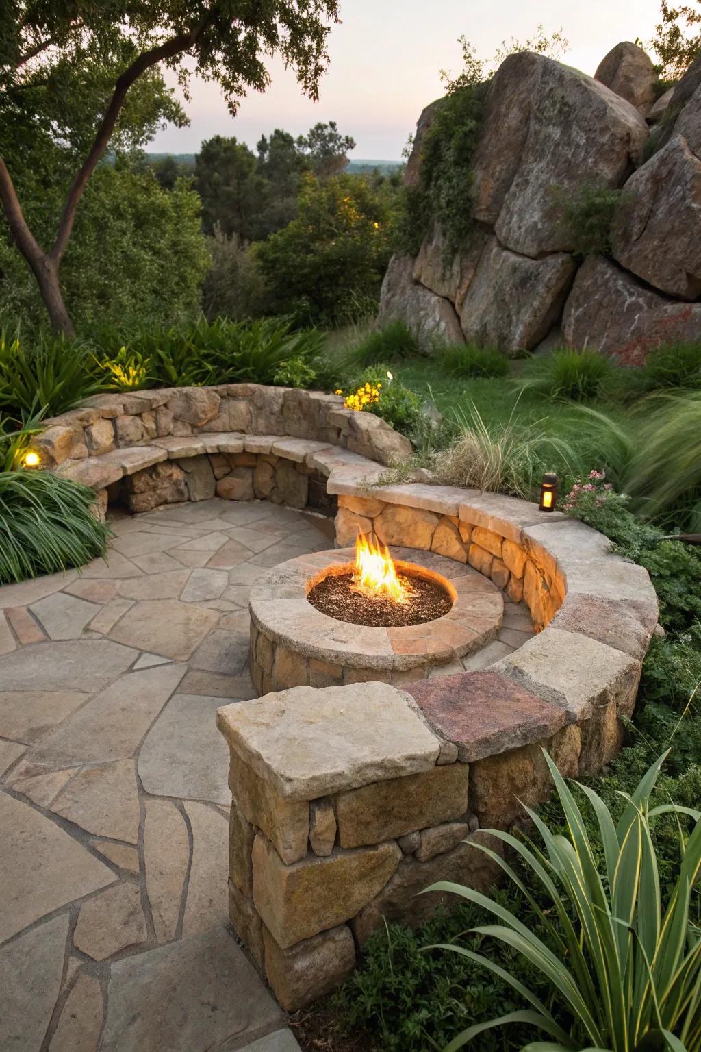 Find solace in nature with this cozy, handcrafted fire pit nook, where rustic charm meets natural elegance.