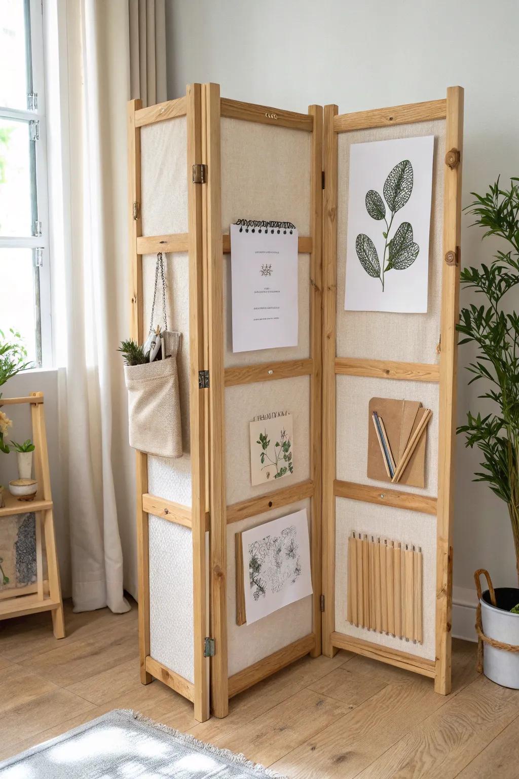 A tri-fold school wall that opens for lessons and closes as chic decor in small spaces.