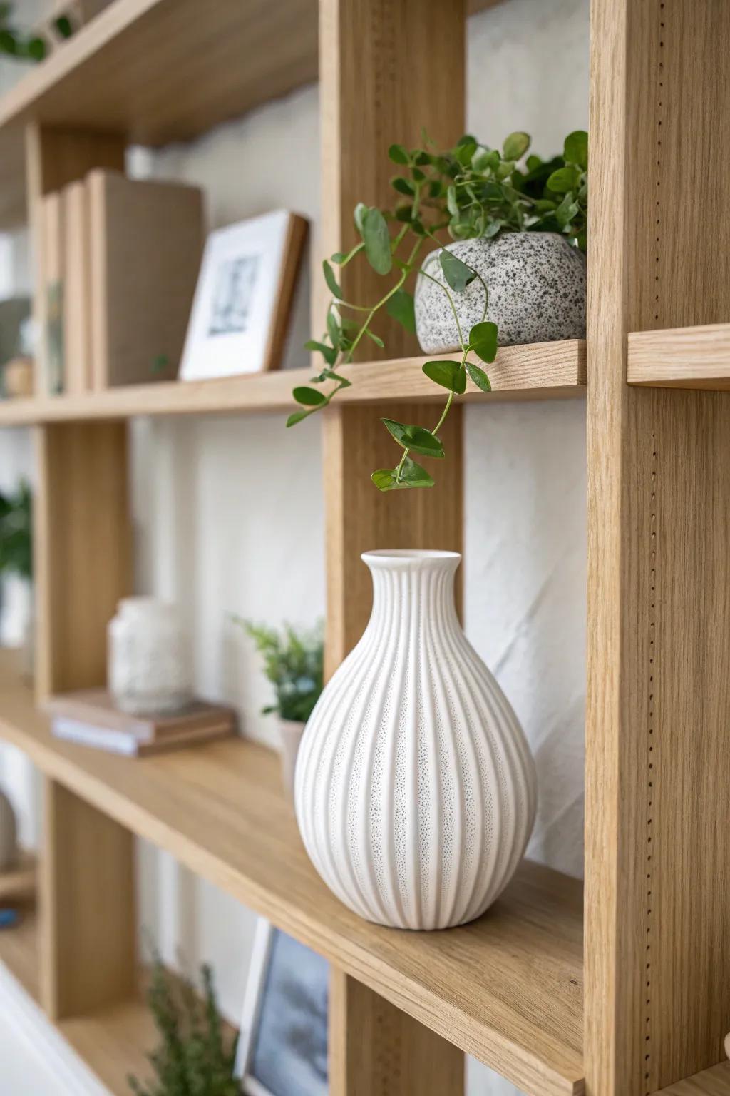 One ceramic statement piece, echoed diagonally with soft whites and greenery across shelves.