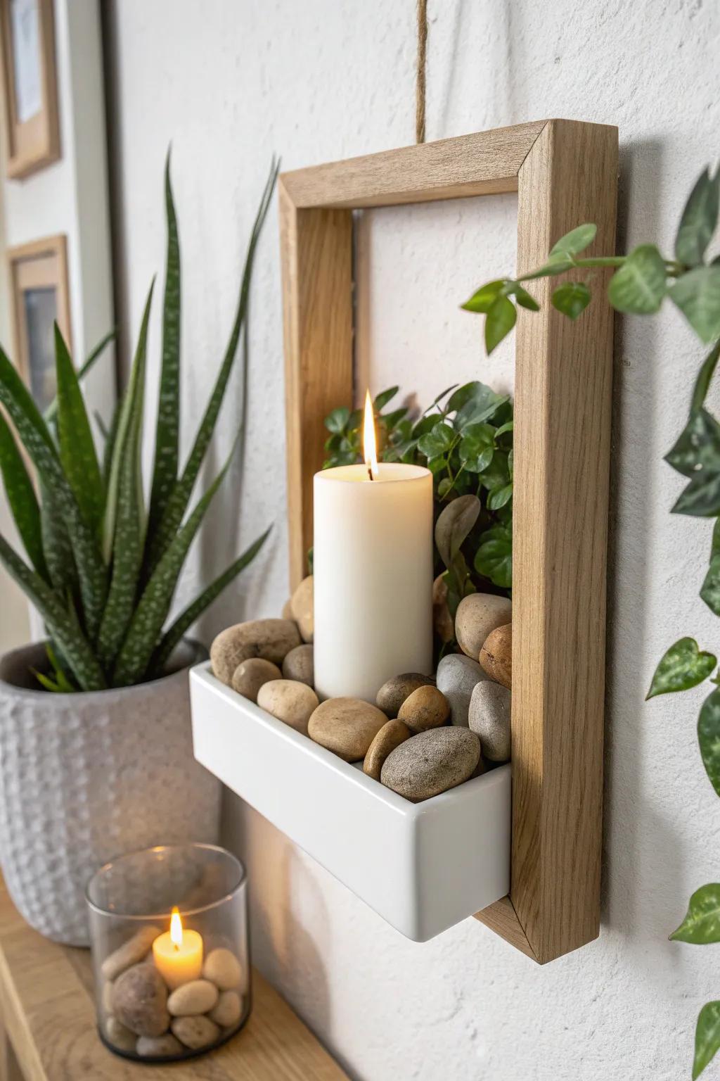 A cozy wall planter moment: river stones and a flameless candle for zero-care charm.