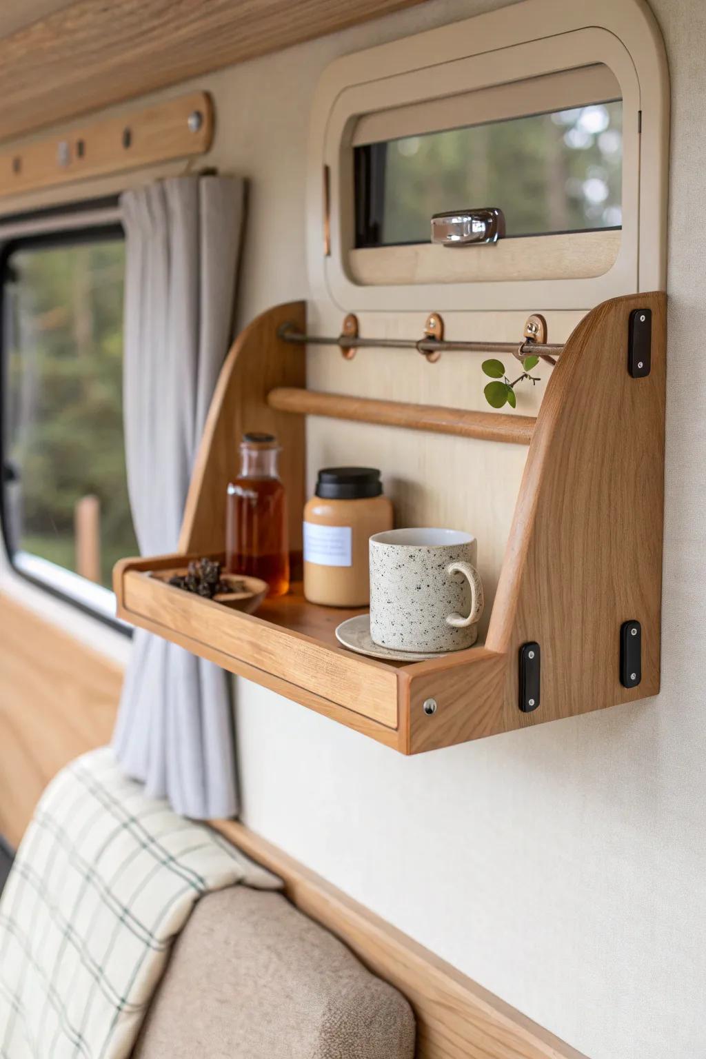 A lock-down coffee bar shelf that keeps your camper mornings chic, calm, and spill-free.