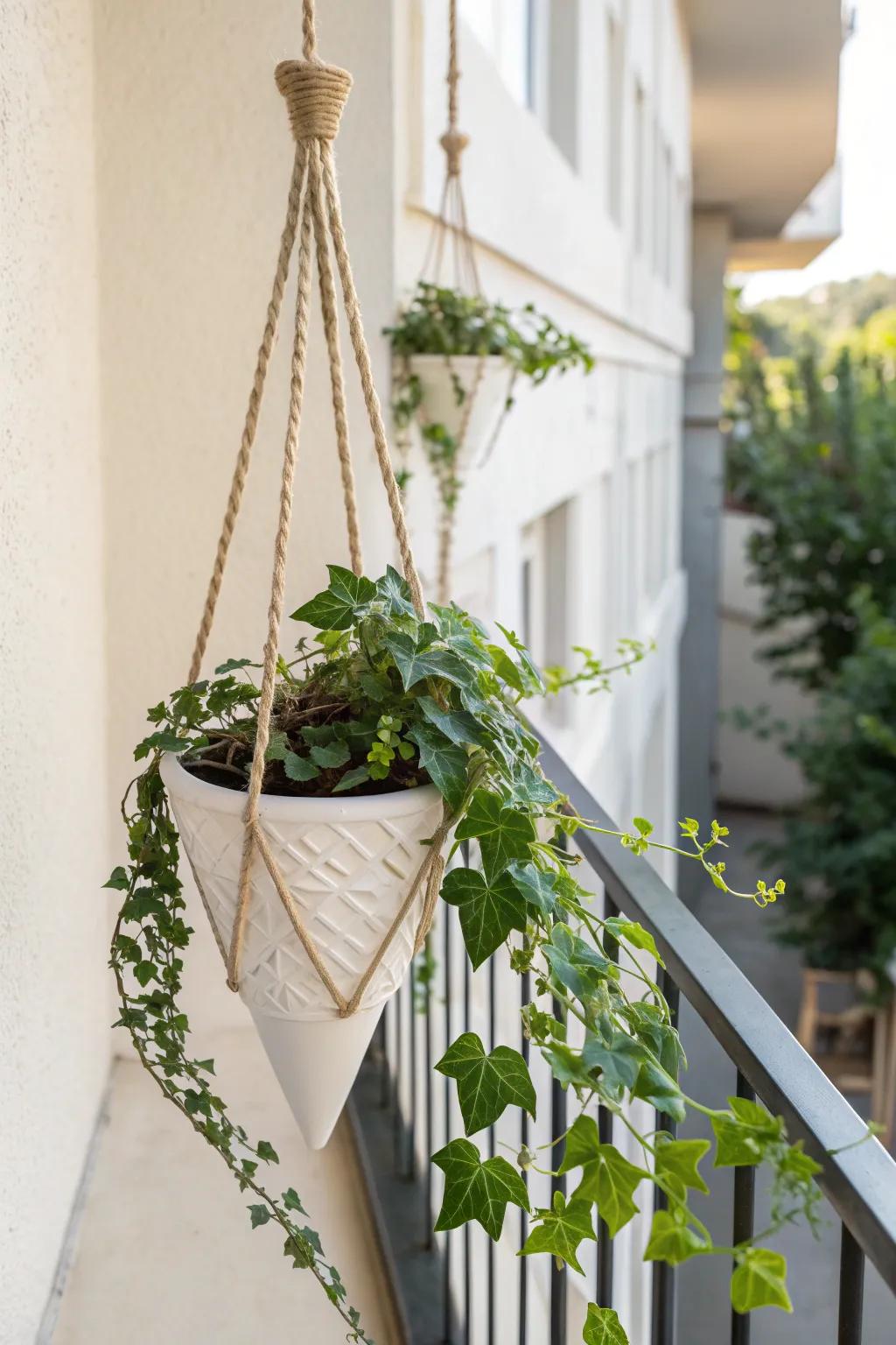 An upside-down planter turns a Juliet balcony rail into a floating cascade of green.