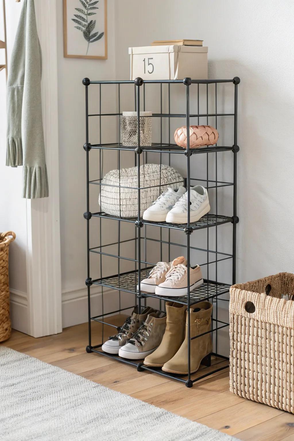 Modular wire cube shoe locker: customizable compartments that grow with little feet.