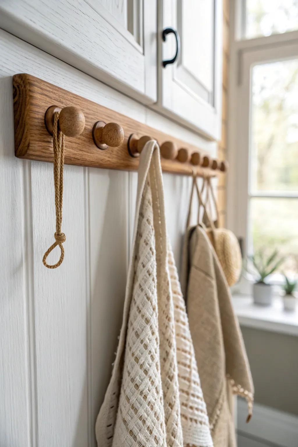 A simple oak peg rail turns awkward kitchen tools into easy, grab-and-go closet storage.