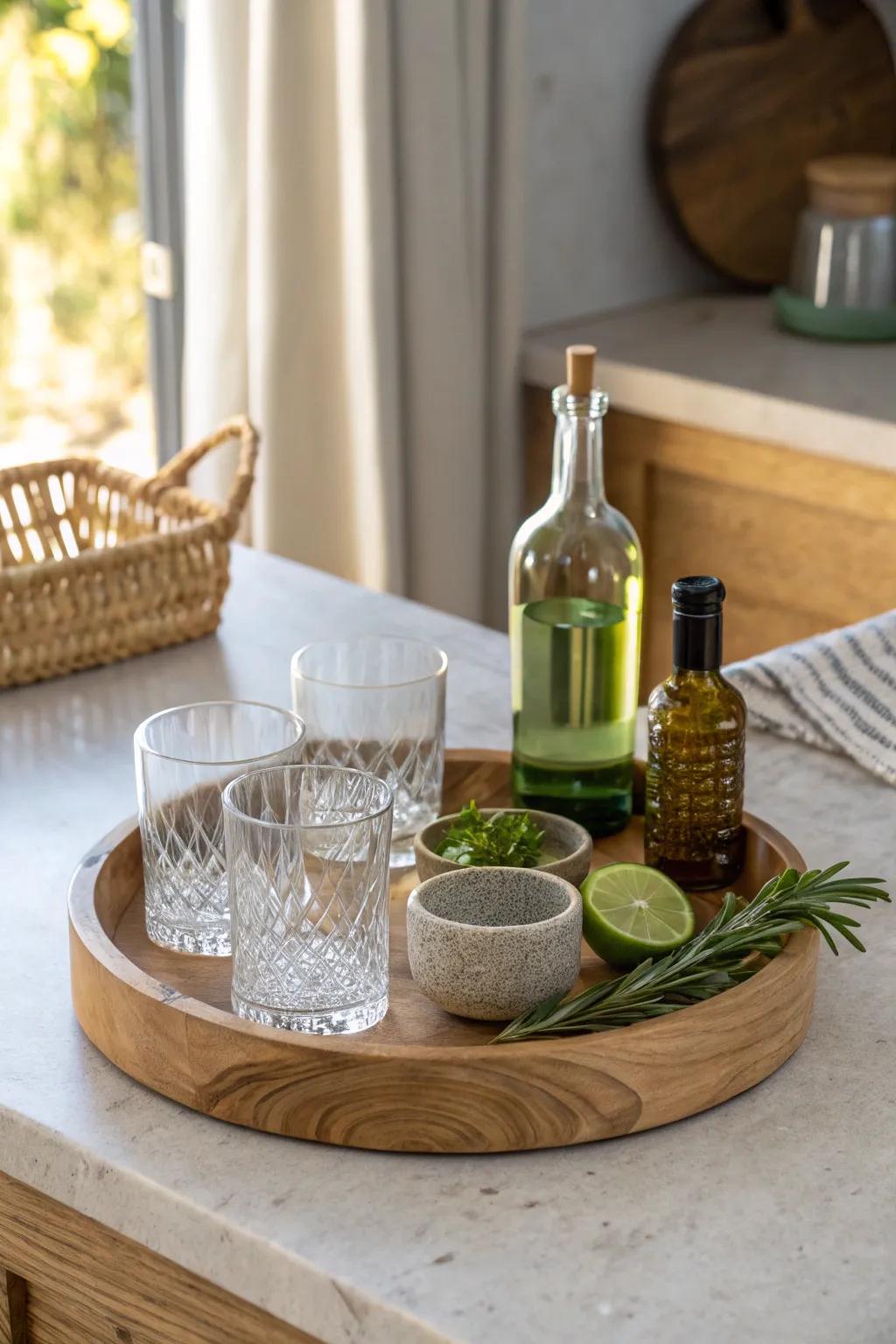 Turn a spare corner into a tiny mini bar—one beautiful tray makes it feel instantly elevated.
