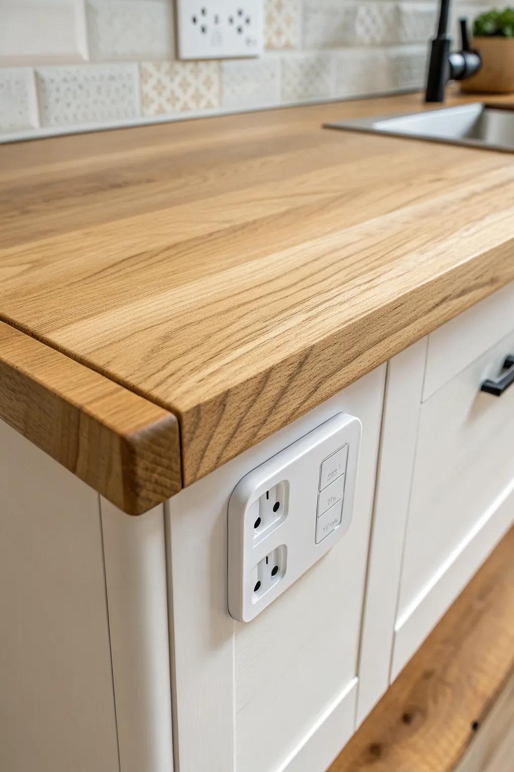 A hidden pop-up outlet keeps your half-wall bar top tidy—perfect for charging in small spaces.